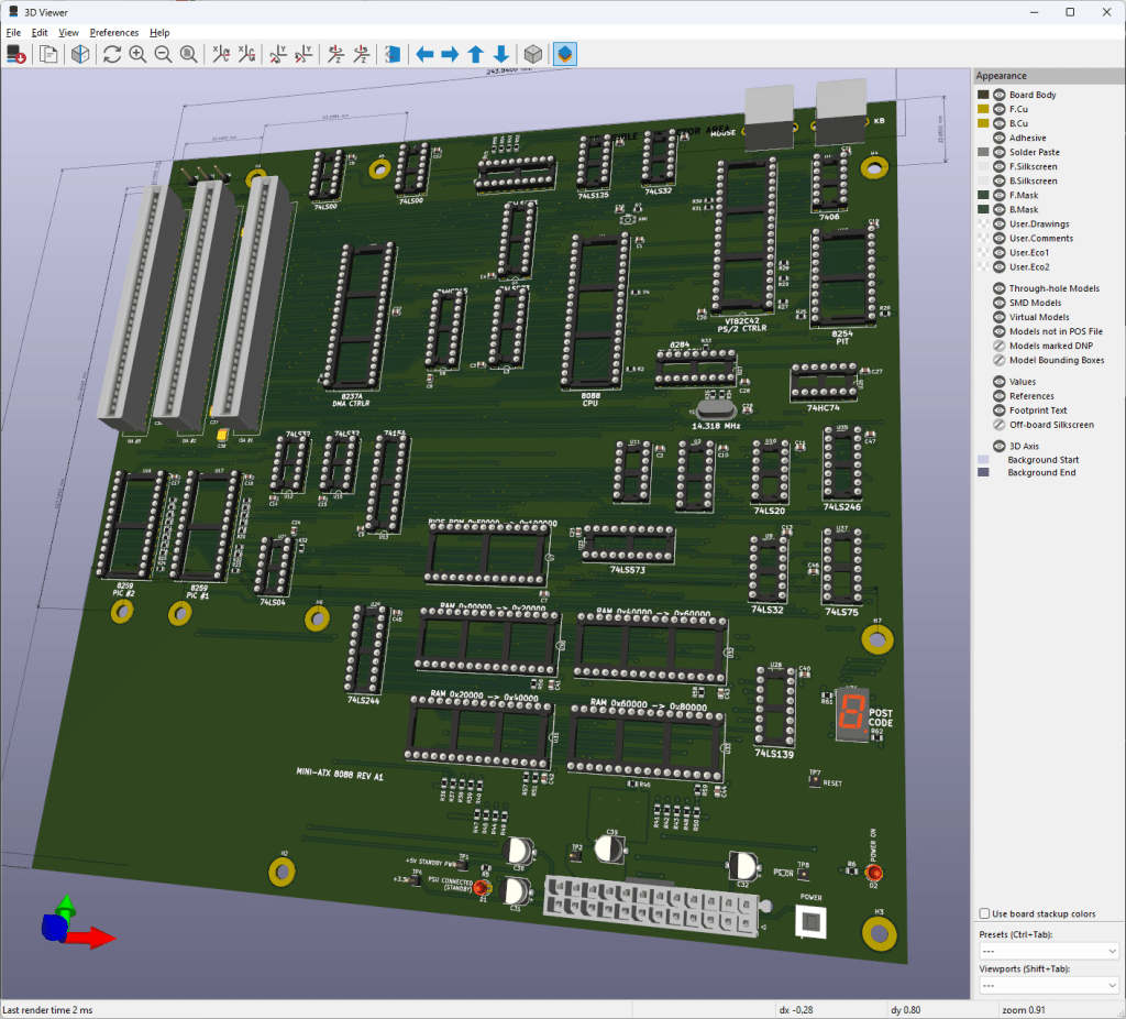 A screenshot of a 3D render generated by the KiCAD schematic design software. It is a 3D PCB with a handful of components on it.
